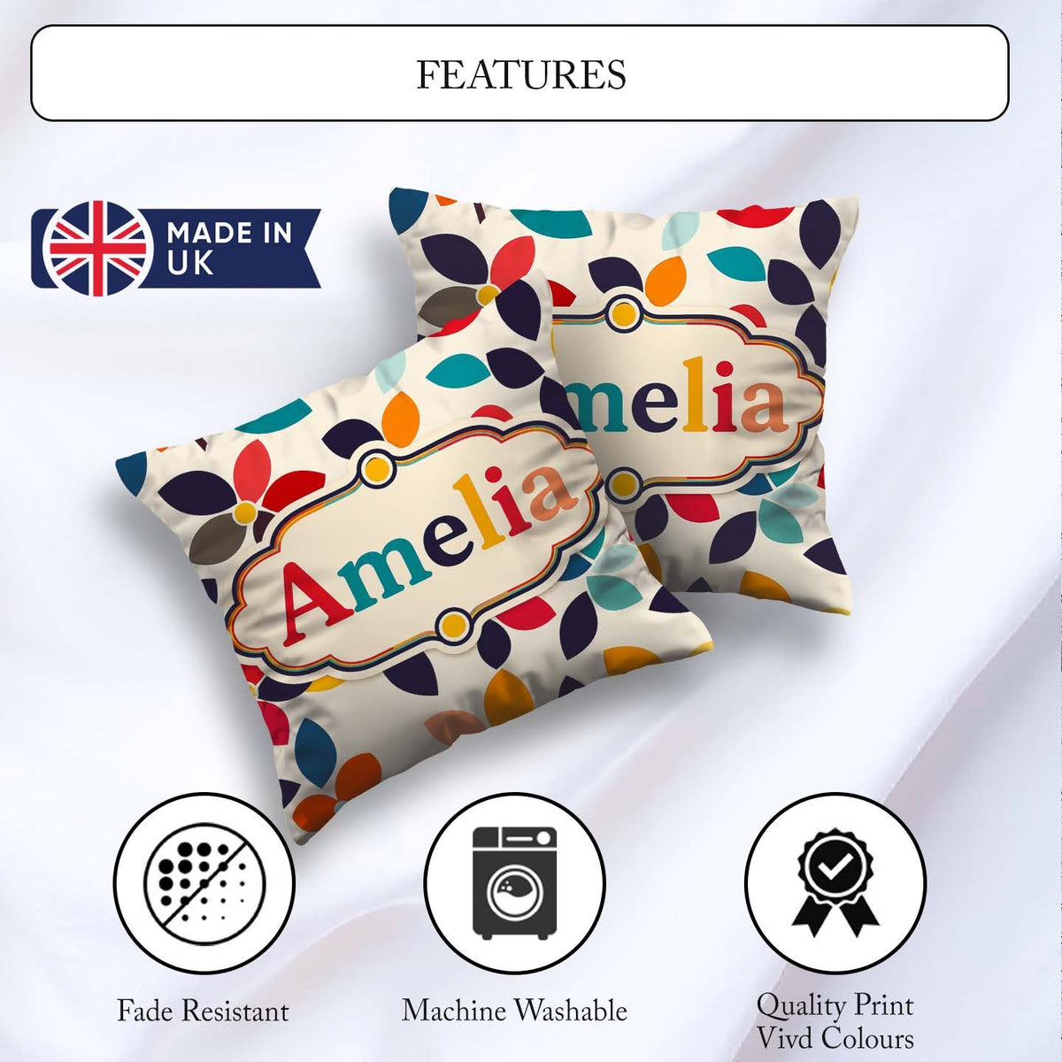 Custom Name Century Floral Petal Shapes Minimal Seamless Pattern Square Filled Cushion Throw Pillow Sofa Bed Home Decor Zip Washable UK Made