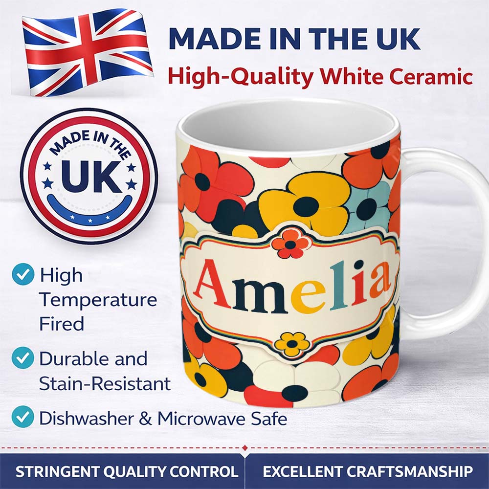 Personalized Custom Name Bold Pop Art Flowers Large Petals Abstract Seamless Pattern Name 11oz Ceramic Coffee Tea Mug White Large Handle