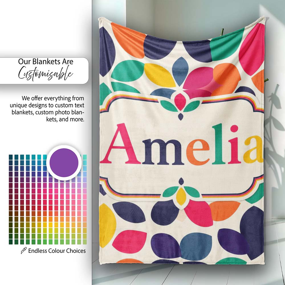 Abstract Leaf Petal Shapes Scandinavian Style Seamless Pattern Name Personalised Custom Name Super Soft Fleece Blanket Bed Sofa Throw