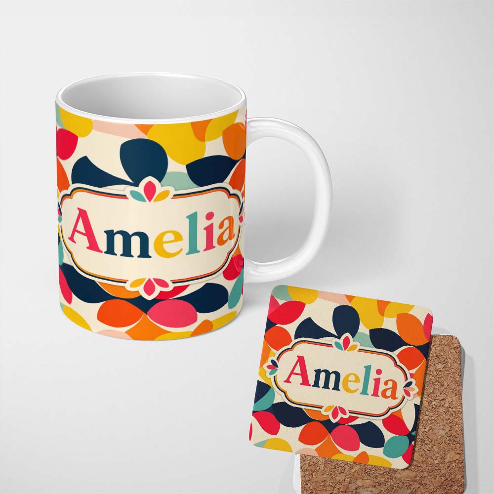 Personalized Custom Name Modern Organic Leaf Shapes Bright Color Minimal Seamless Pattern 11oz Ceramic Coffee Tea Mug White Large Handle