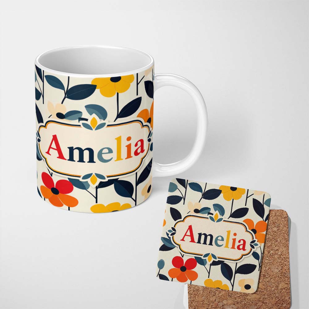 Personalized Custom Name Scandinavian Floral Stems Simple Modern Flowers Seamless Pattern 11oz Ceramic Coffee Tea Mug White Large Handle