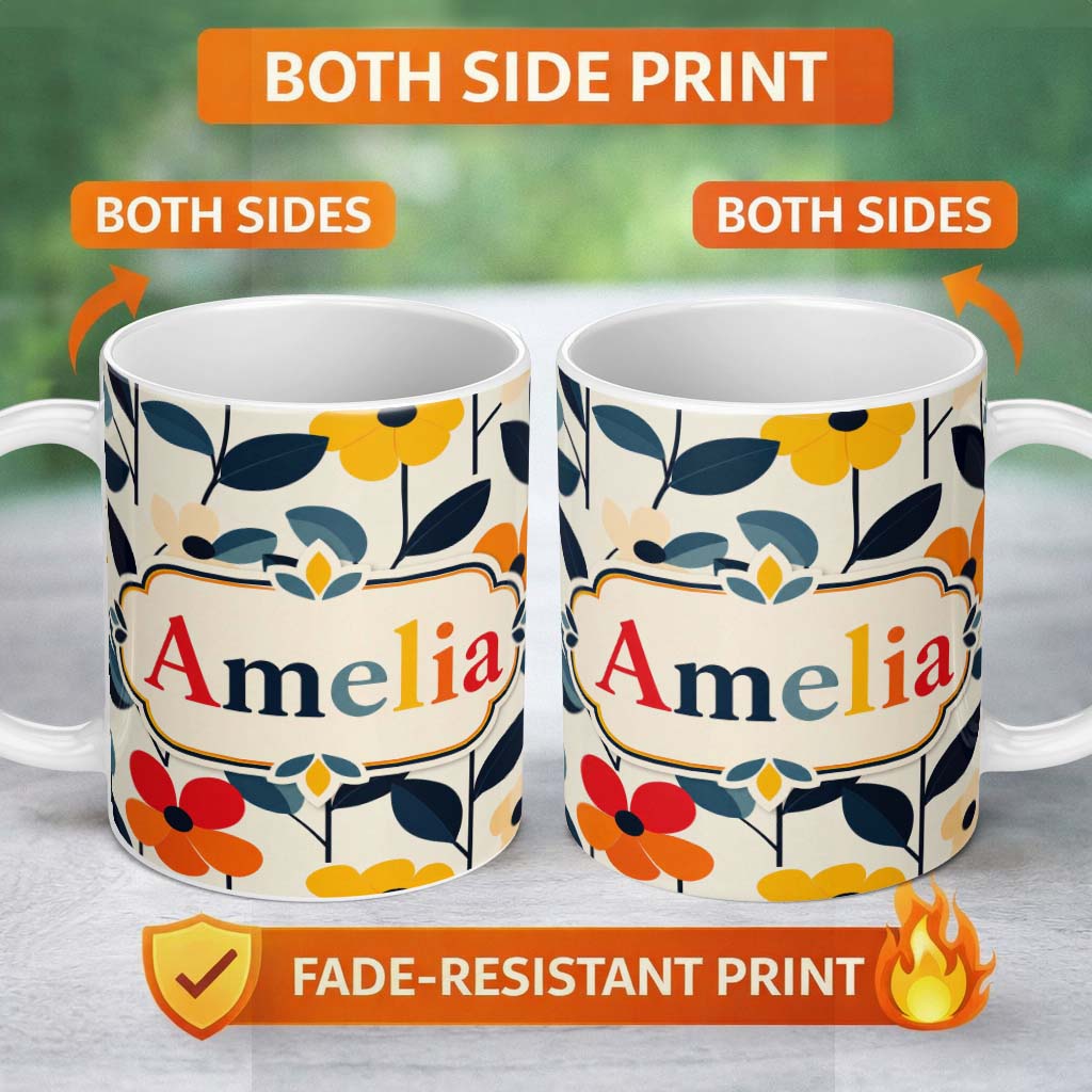 Personalized Custom Name Scandinavian Floral Stems Simple Modern Flowers Seamless Pattern 11oz Ceramic Coffee Tea Mug White Large Handle