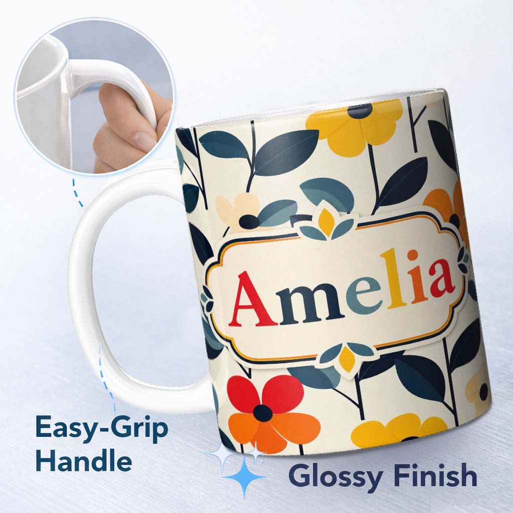 Personalized Custom Name Scandinavian Floral Stems Simple Modern Flowers Seamless Pattern 11oz Ceramic Coffee Tea Mug White Large Handle