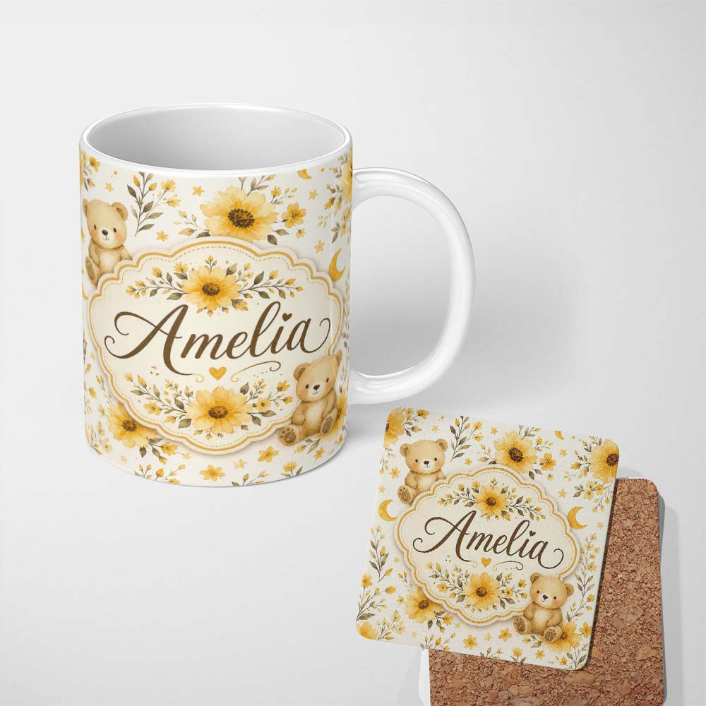 Personalized Custom Name Cute Teddy Bears with Yellow Flowers Seamless Pattern Lovely 11oz Ceramic Coffee Tea Mug White Large Handle