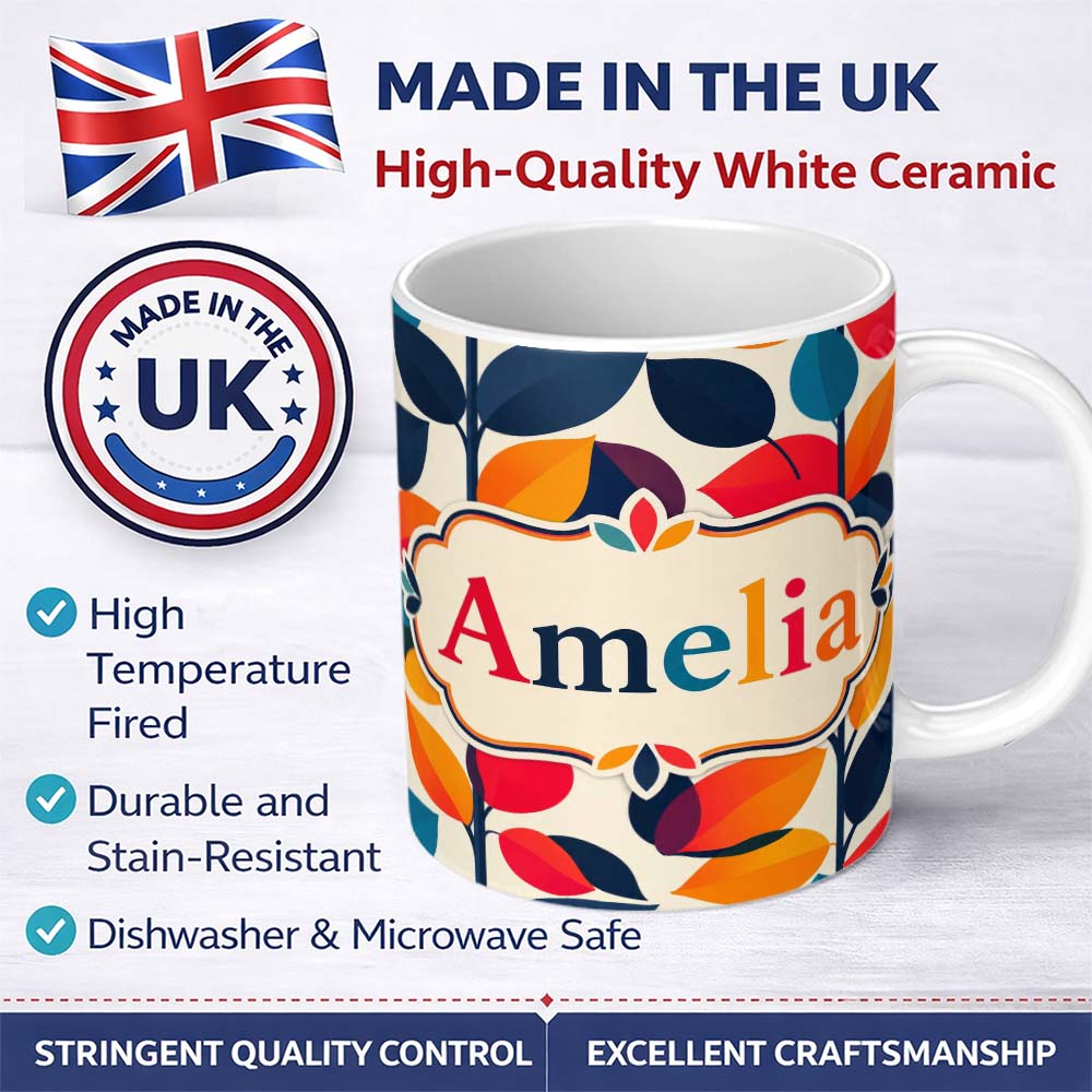 Personalized Custom Name Abstract Colorful Leaves Branch Pattern Minimal Seamless Name Cute 11oz Ceramic Coffee Tea Mug White Large Handle