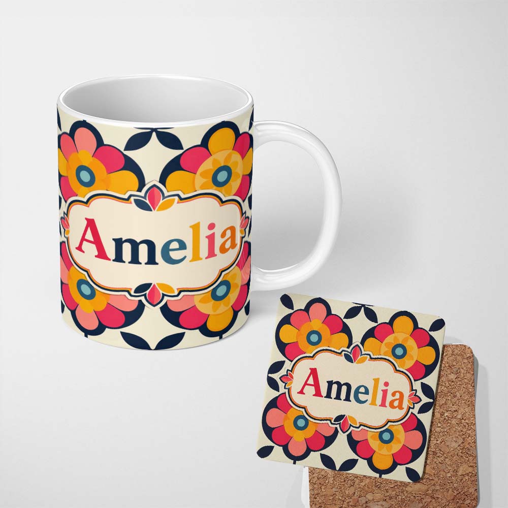 Personalized Custom Name Floral Circle Motif Bold Graphic Flowers Seamless Pattern Custom 11oz Ceramic Coffee Tea Mug White Large Handle