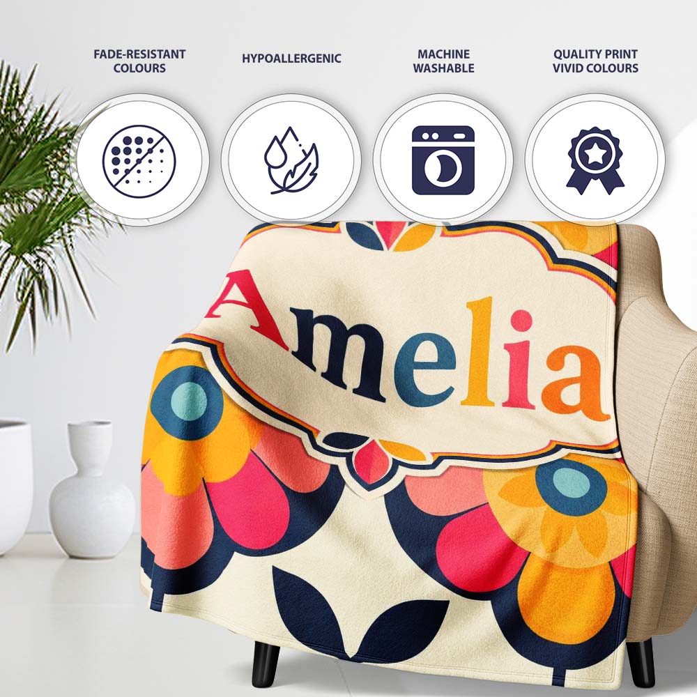 Floral Circle Motif Bold Graphic Flowers Seamless Pattern Custom Personalised Custom Name Super Soft Fleece Blanket Bed Sofa Throw