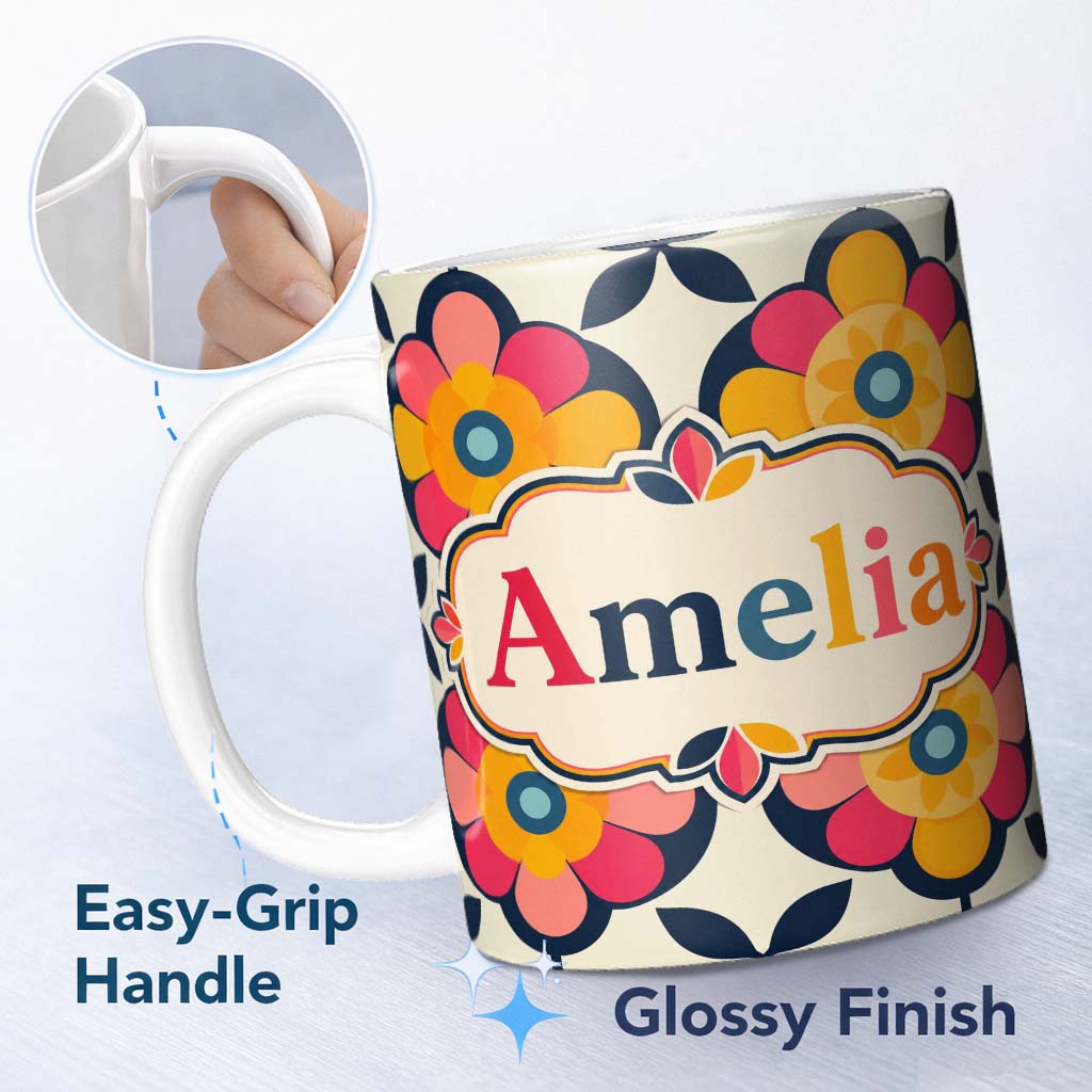 Personalized Custom Name Floral Circle Motif Bold Graphic Flowers Seamless Pattern Custom 11oz Ceramic Coffee Tea Mug White Large Handle