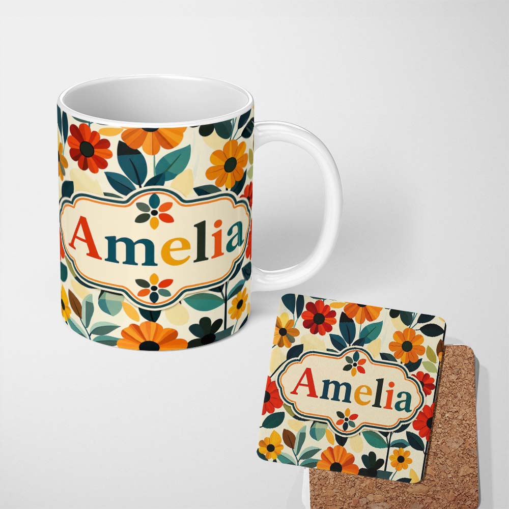 Personalized Custom Name Botanical Flowers and Leaves Soft Modern Seamless Pattern Custom 11oz Ceramic Coffee Tea Mug White Large Handle