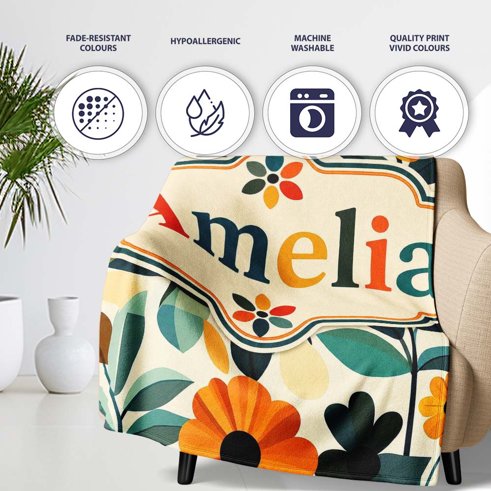 Botanical Flowers and Leaves Soft Modern Seamless Pattern Custom Personalised Custom Name Super Soft Fleece Blanket Bed Sofa Throw