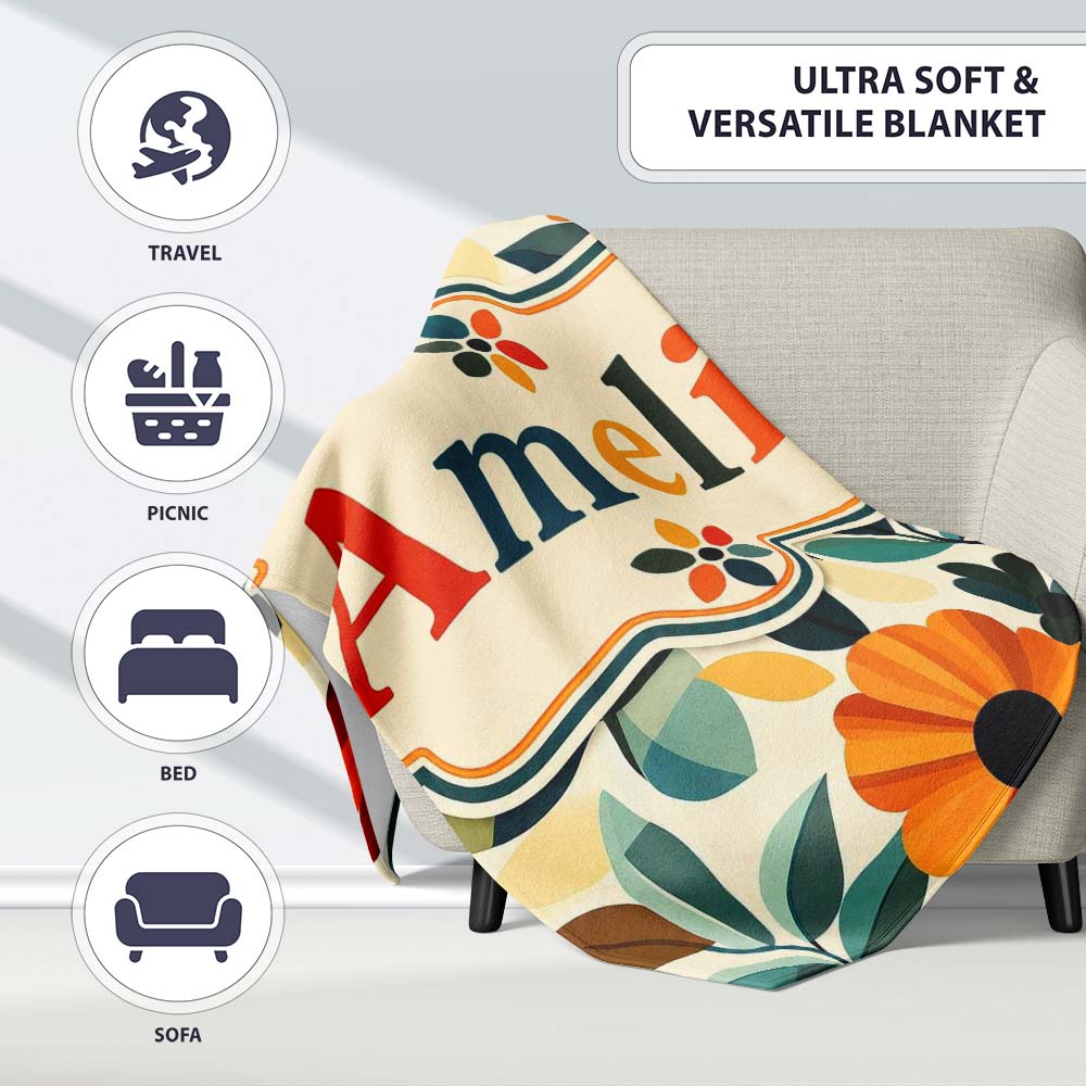 Botanical Flowers and Leaves Soft Modern Seamless Pattern Custom Personalised Custom Name Super Soft Fleece Blanket Bed Sofa Throw