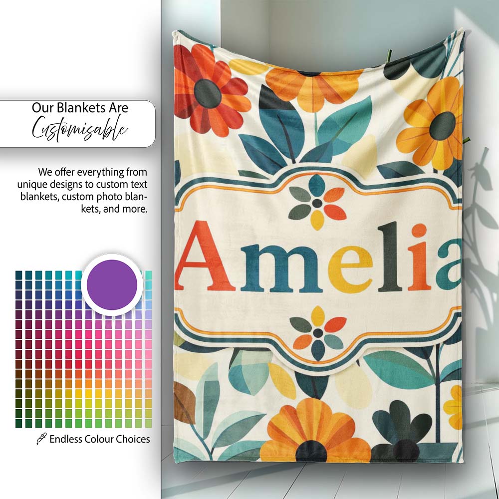 Botanical Flowers and Leaves Soft Modern Seamless Pattern Custom Personalised Custom Name Super Soft Fleece Blanket Bed Sofa Throw