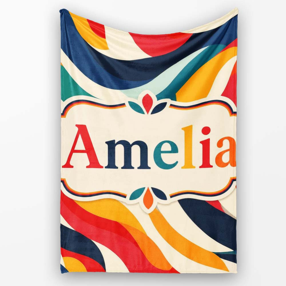 Abstract Flowing Waves Colorful Curves Seamless Pattern Name Cute Personalised Custom Name Super Soft Fleece Blanket Bed Sofa Throw