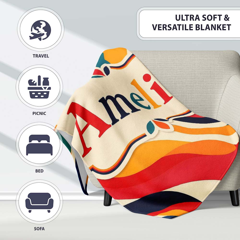 Abstract Flowing Waves Colorful Curves Seamless Pattern Name Cute Personalised Custom Name Super Soft Fleece Blanket Bed Sofa Throw
