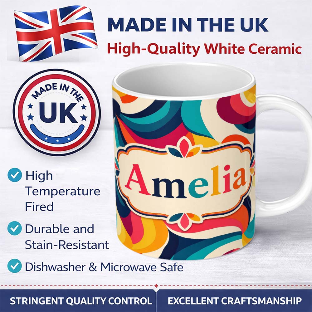 Personalized Custom Name Bold Swirl Shapes Vibrant Abstract Flow Seamless Pattern Name Cute 11oz Ceramic Coffee Tea Mug White Large Handle