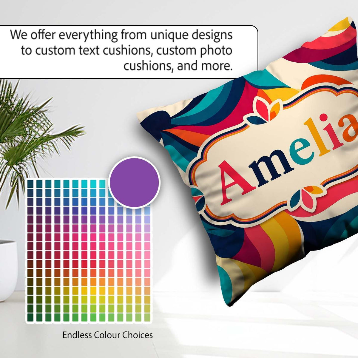 Custom Name Bold Swirl Shapes Vibrant Abstract Flow Pattern Name Square Filled Cushion Throw Pillow Sofa Bed Home Decor Zip Washable UK Made