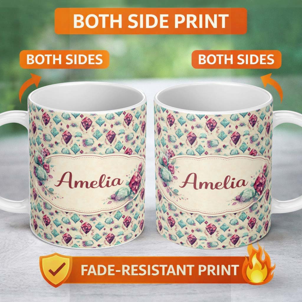 Personalized Custom Name Colorful Confetti Gemstone Beige Background Playful Crystal Design 11oz Ceramic Coffee Tea Mug White Large Handle