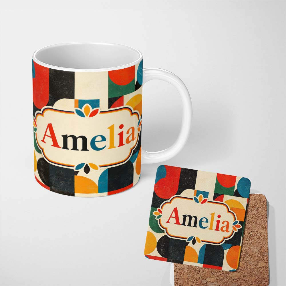 Personalized Custom Name Mid Century Geometric Blocks Textured Abstract Seamless Pattern 11oz Ceramic Coffee Tea Mug White Large Handle
