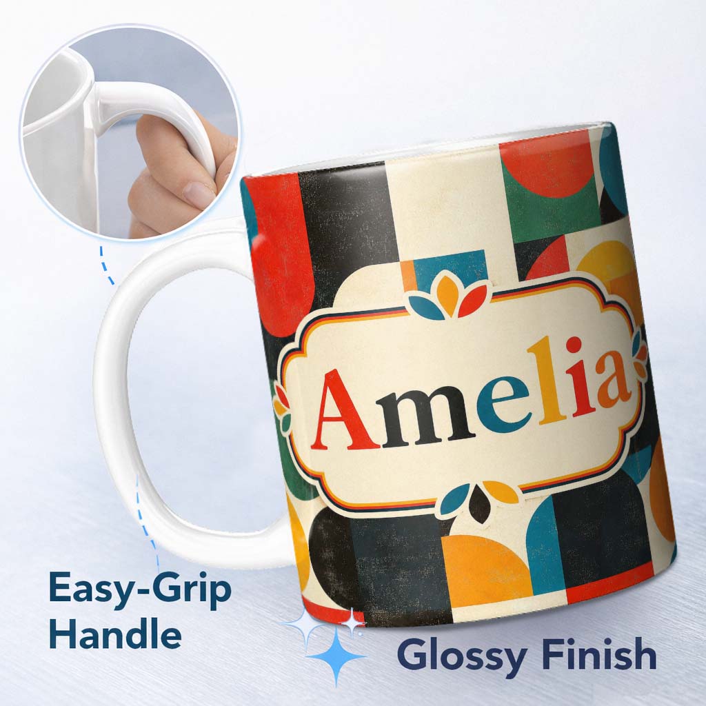 Personalized Custom Name Mid Century Geometric Blocks Textured Abstract Seamless Pattern 11oz Ceramic Coffee Tea Mug White Large Handle