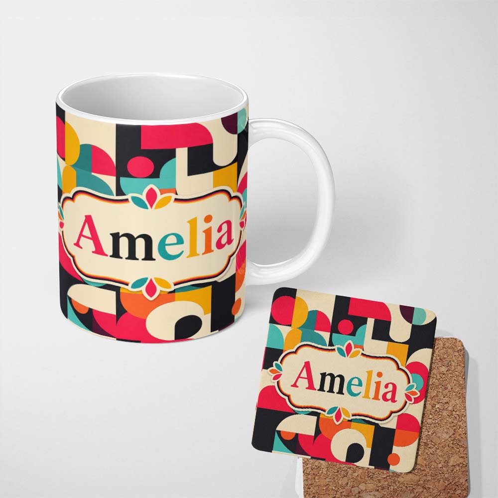 Personalized Custom Name Modern Geometric Circles and Shapes Bold Abstract Seamless Pattern 11oz Ceramic Coffee Tea Mug White Large Handle