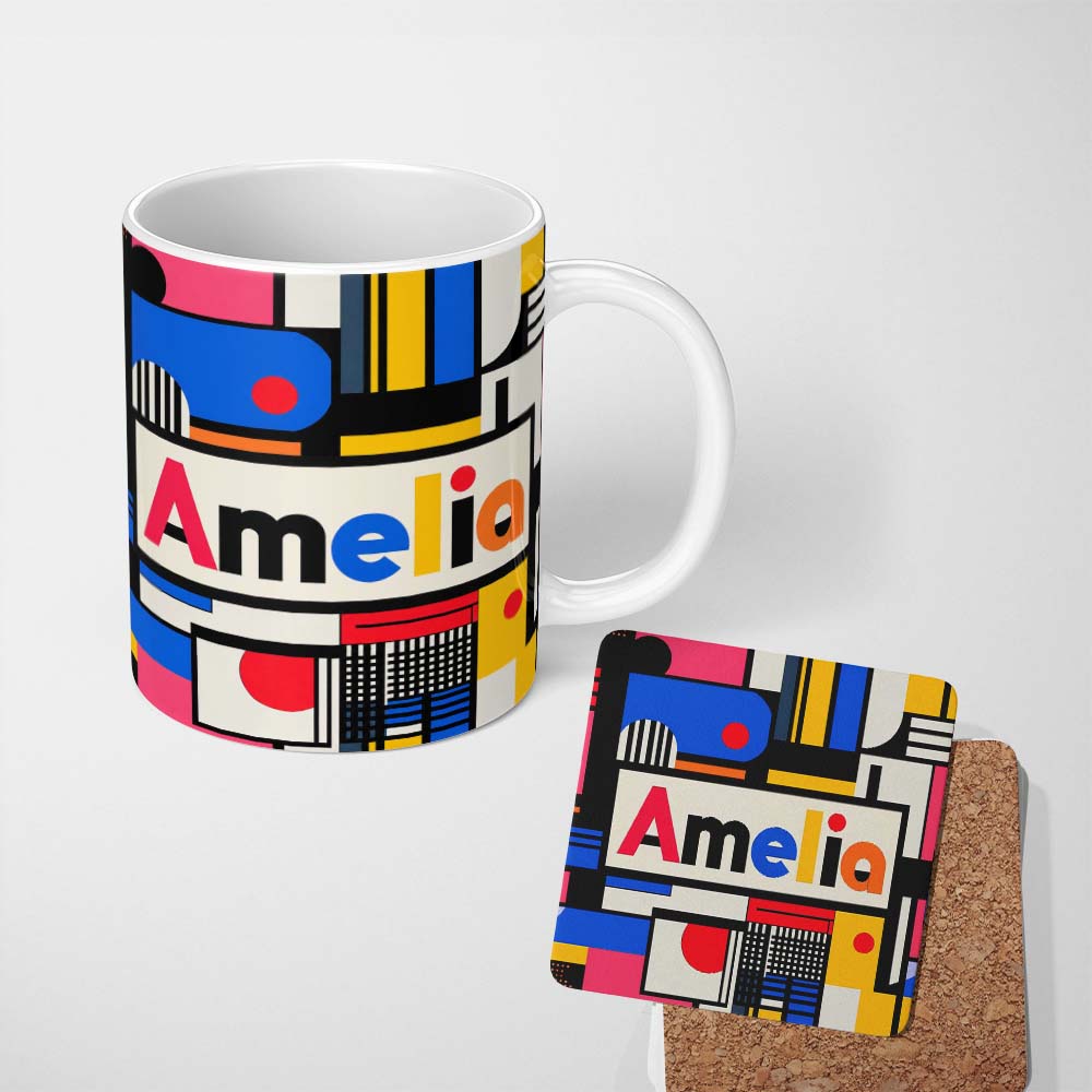 Personalized Custom Name Bauhaus Inspired Abstract Lines Shapes Graphic Seamless Pattern 11oz Ceramic Coffee Tea Mug White Large Handle