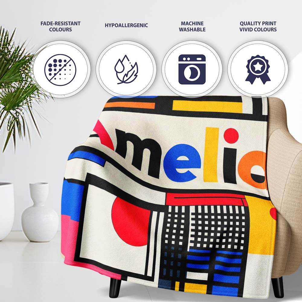 Bauhaus Inspired Abstract Lines Shapes Graphic Seamless Pattern Personalised Custom Name Super Soft Fleece Blanket Bed Sofa Throw