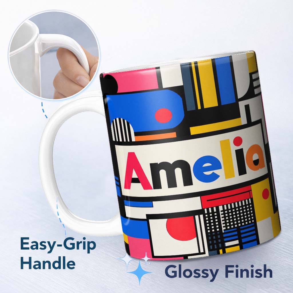 Personalized Custom Name Bauhaus Inspired Abstract Lines Shapes Graphic Seamless Pattern 11oz Ceramic Coffee Tea Mug White Large Handle