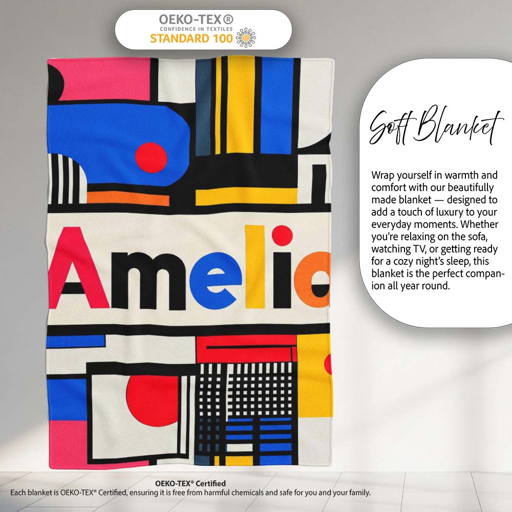 Bauhaus Inspired Abstract Lines Shapes Graphic Seamless Pattern Personalised Custom Name Super Soft Fleece Blanket Bed Sofa Throw