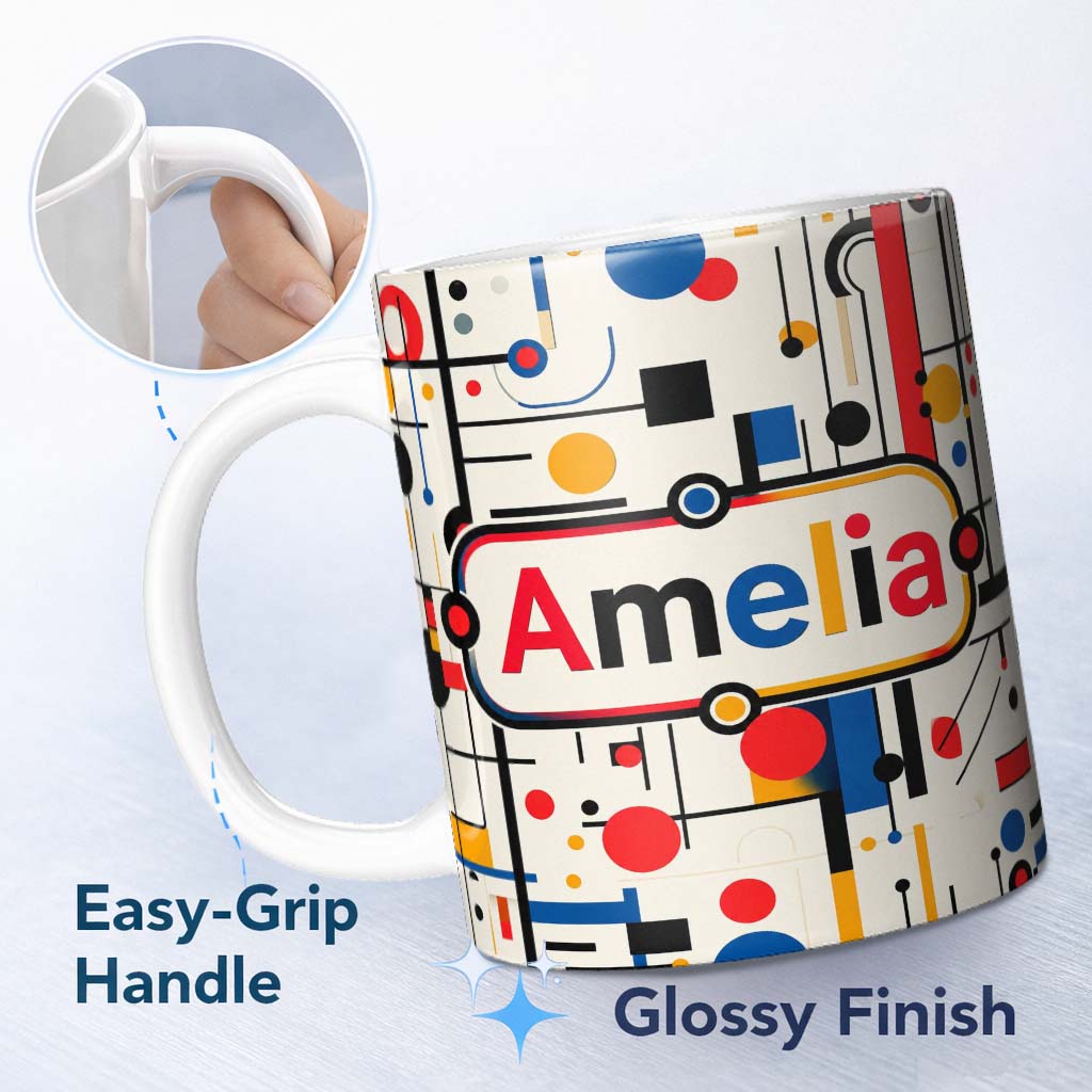 Personalized Custom Name Abstract Bauhaus Lines Circles and Shapes Seamless Pattern Name Cute 11oz Ceramic Coffee Tea Mug White Large Handle