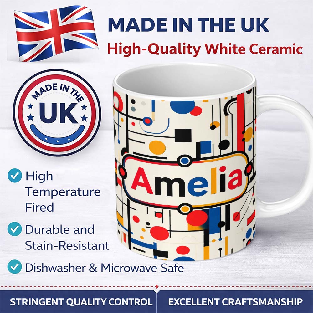 Personalized Custom Name Abstract Bauhaus Lines Circles and Shapes Seamless Pattern Name Cute 11oz Ceramic Coffee Tea Mug White Large Handle