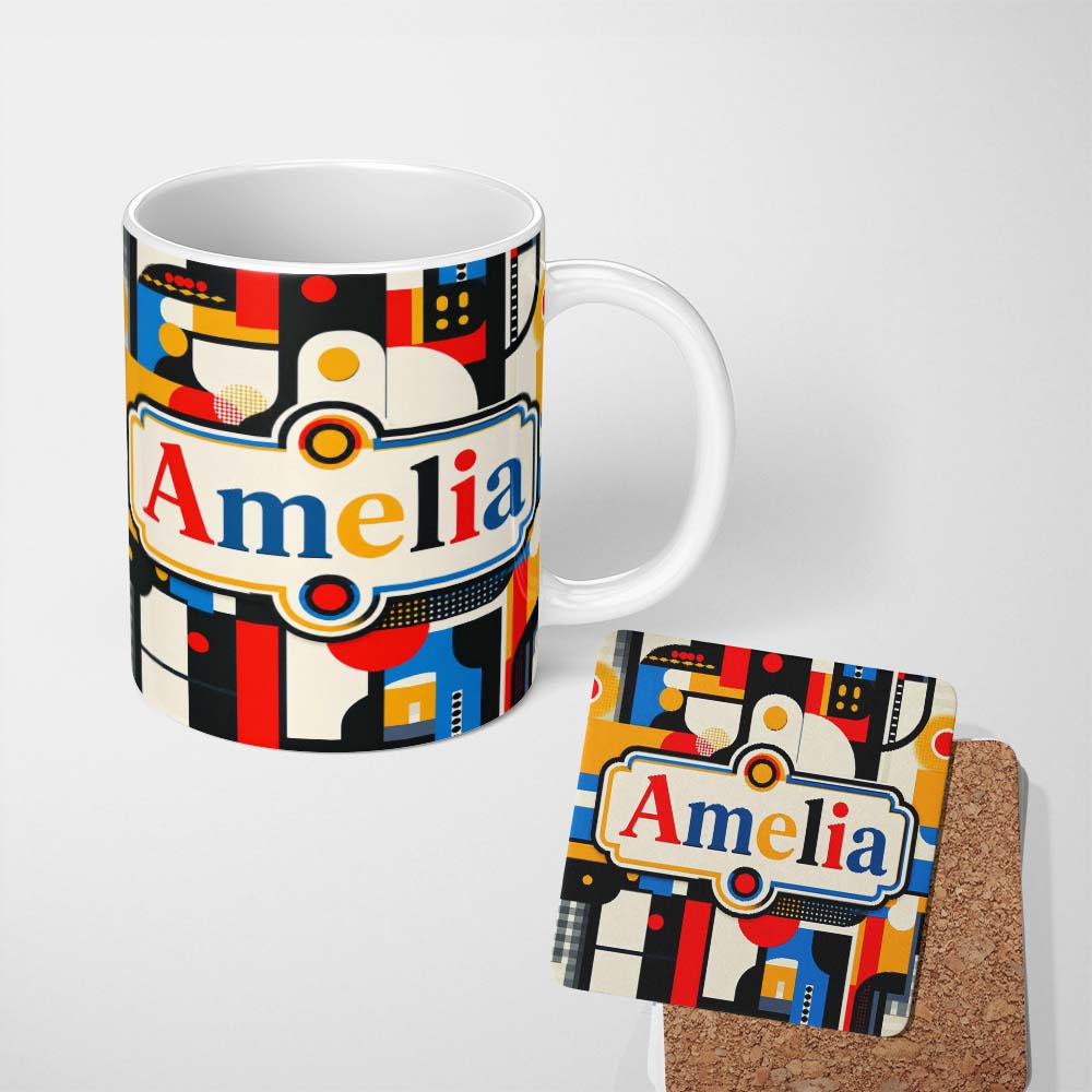 Personalized Custom Name Bold Geometric Abstract Blocks and Circles Modern Seamless Pattern 11oz Ceramic Coffee Tea Mug White Large Handle