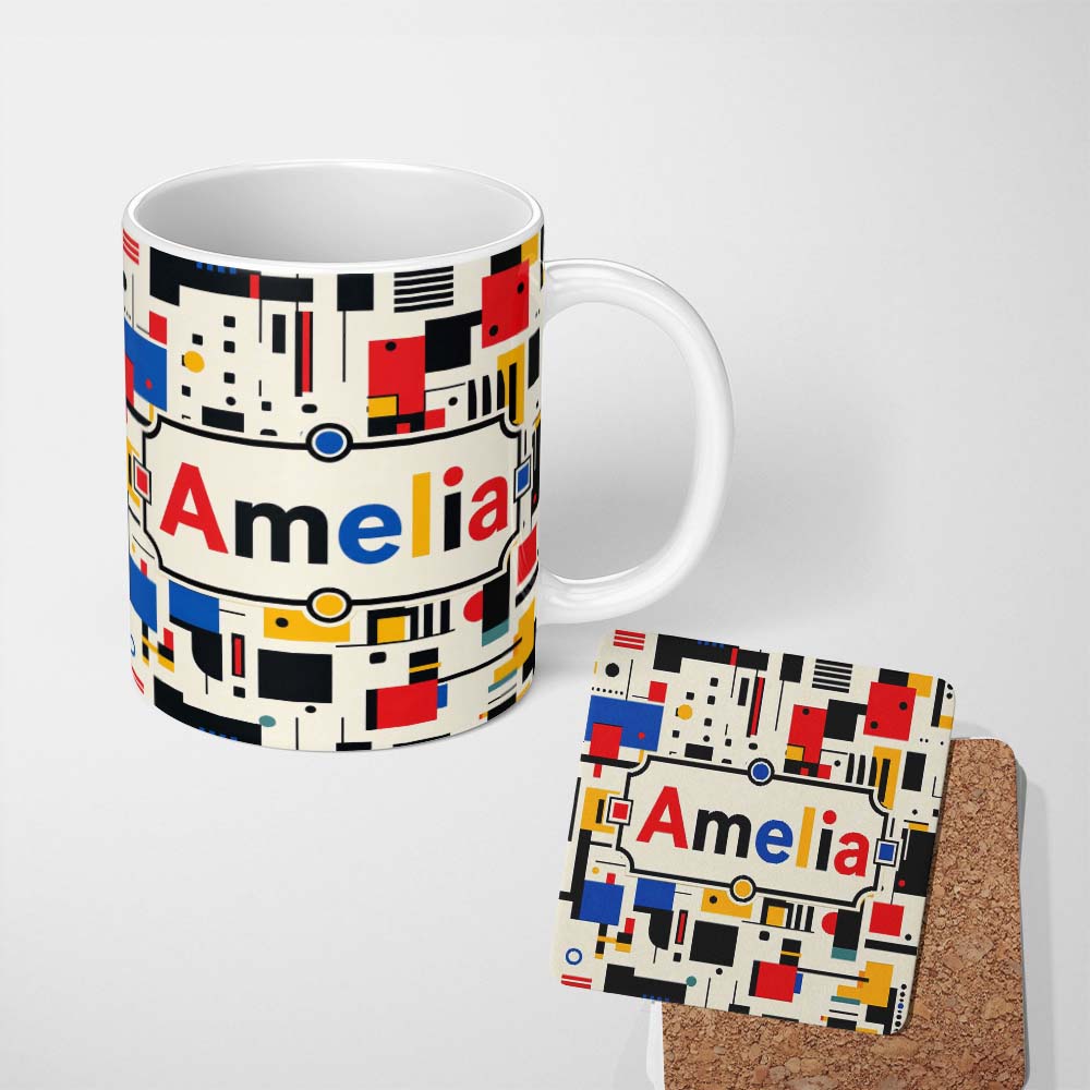 Personalized Custom Name Minimal Abstract Grid Shapes Primary Colors Seamless Pattern Name 11oz Ceramic Coffee Tea Mug White Large Handle