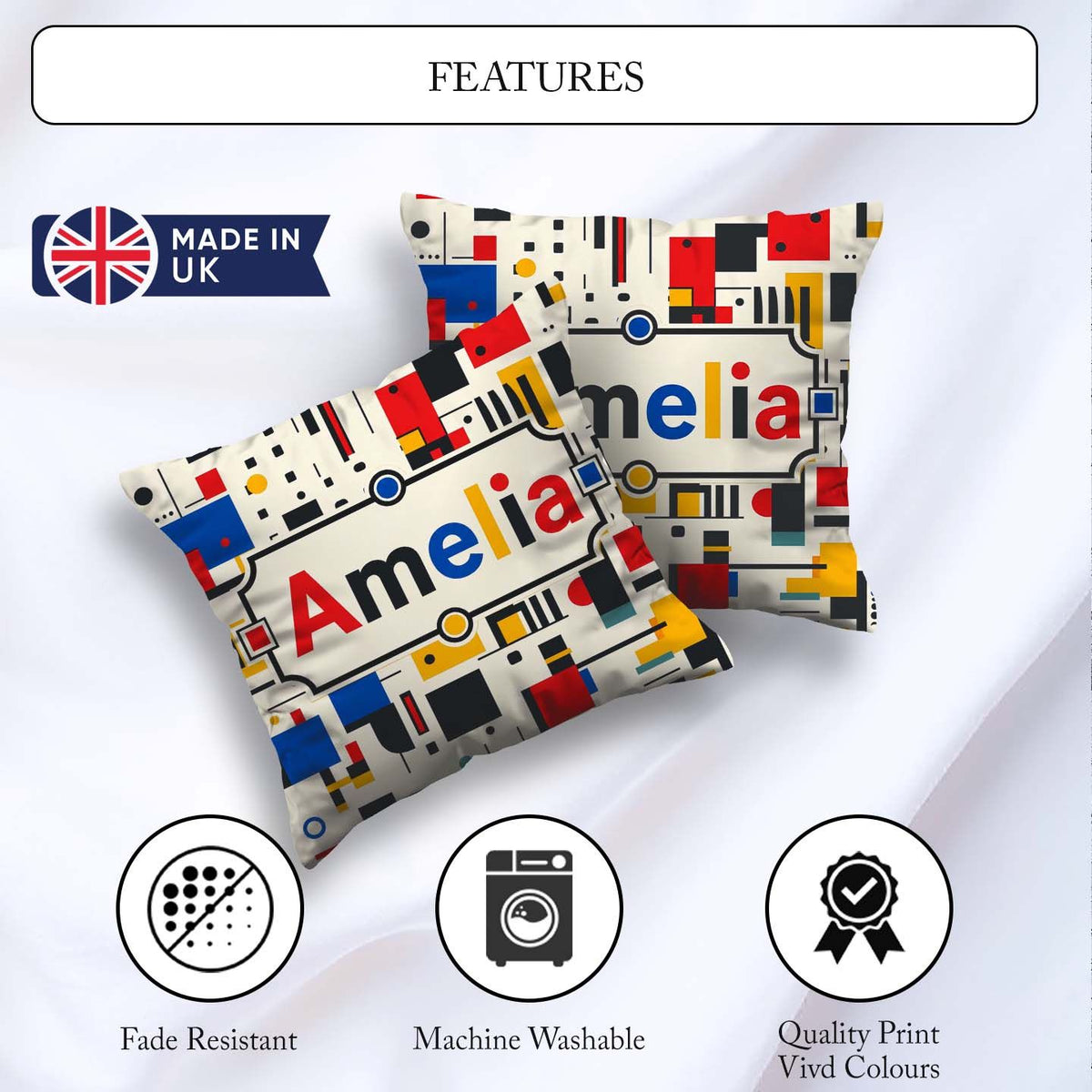 Custom Name Minimal Abstract Grid Shapes Primary Colors Seamless Square Filled Cushion Throw Pillow Sofa Bed Home Decor Zip Washable UK Made