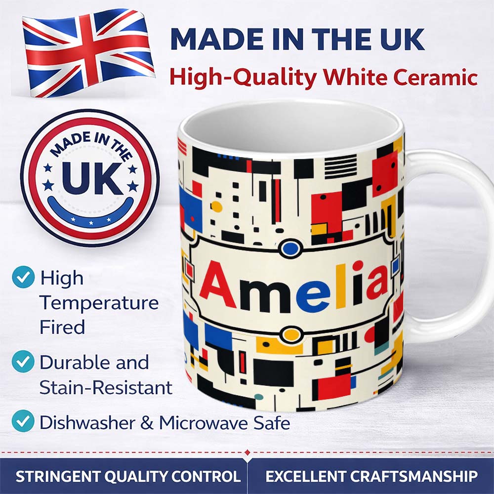 Personalized Custom Name Minimal Abstract Grid Shapes Primary Colors Seamless Pattern Name 11oz Ceramic Coffee Tea Mug White Large Handle