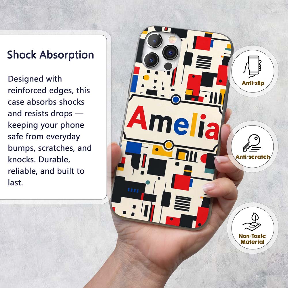 Minimal Abstract Grid Shapes Decorative Design Custom Name Protective Phone Case Mobile Cover Durable Everyday Smartphone Shock Resistant
