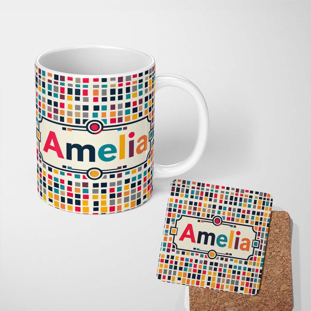 Personalized Custom Name Colorful Mosaic Squares Irregular Grid Modern Seamless Pattern Name 11oz Ceramic Coffee Tea Mug White Large Handle