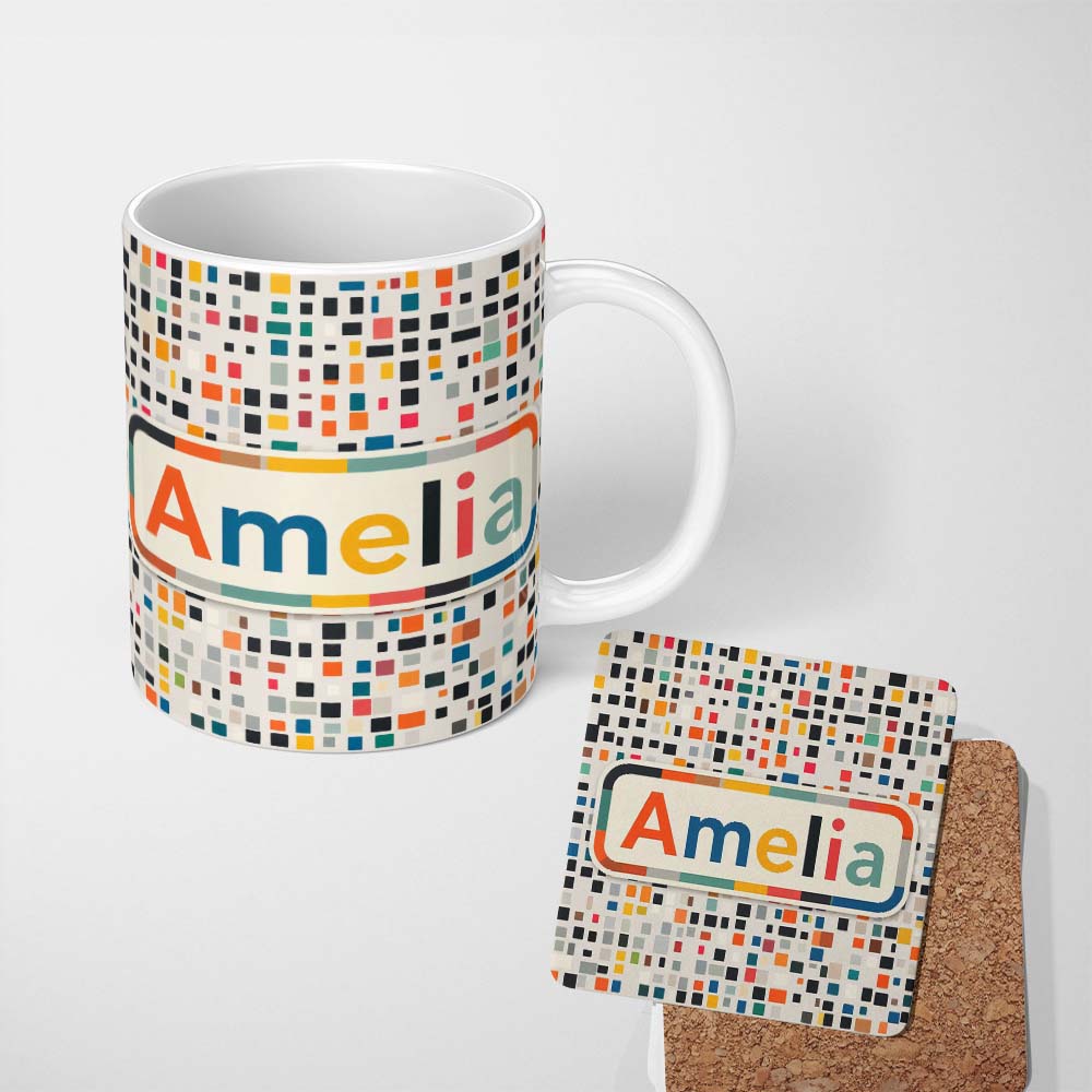 Personalized Custom Name Small Multicolor Tile Squares Dense Abstract Seamless Pattern Name 11oz Ceramic Coffee Tea Mug White Large Handle
