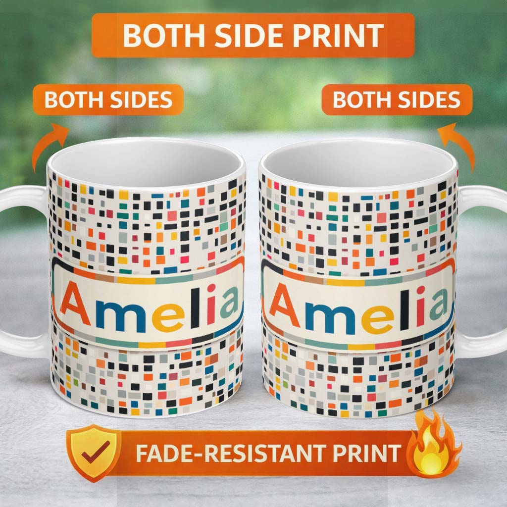 Personalized Custom Name Small Multicolor Tile Squares Dense Abstract Seamless Pattern Name 11oz Ceramic Coffee Tea Mug White Large Handle