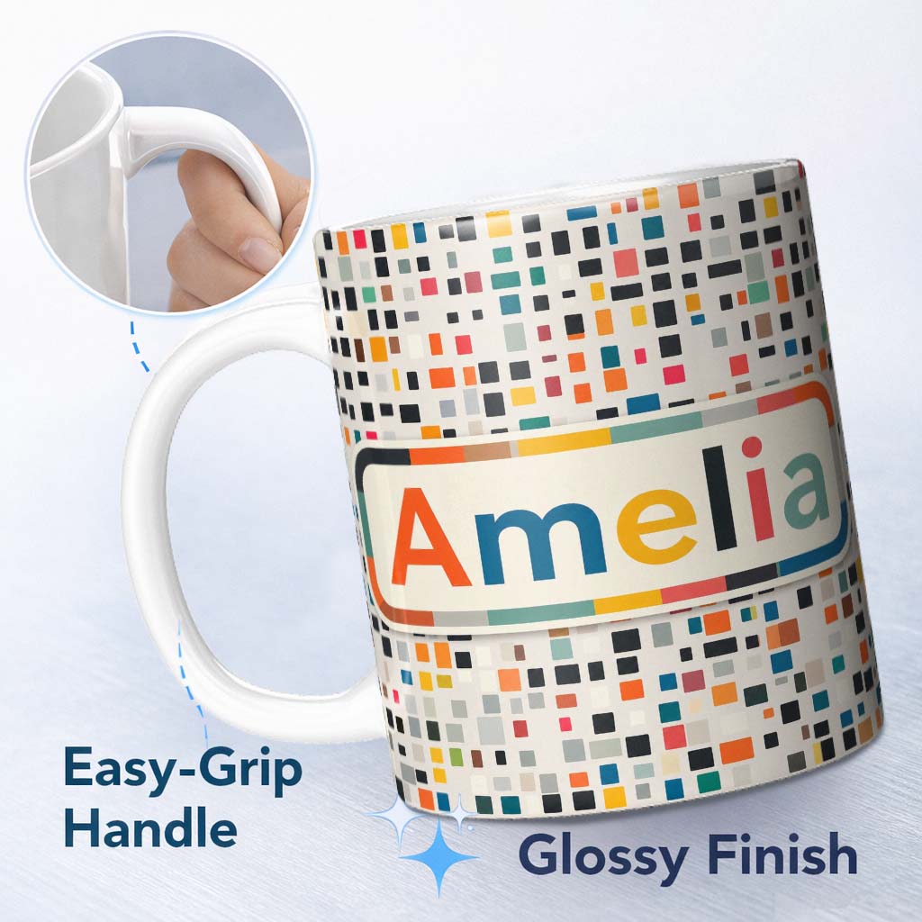 Personalized Custom Name Small Multicolor Tile Squares Dense Abstract Seamless Pattern Name 11oz Ceramic Coffee Tea Mug White Large Handle