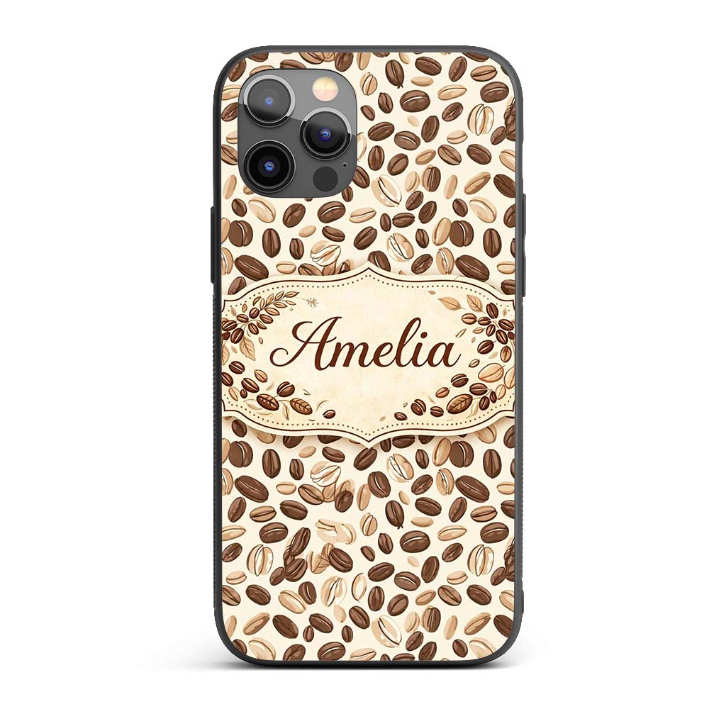 Coffee Beans Minimal Tan Background Seamless Custom Name Protective Phone Case Mobile Cover Durable Everyday Smartphone Shock Resistant