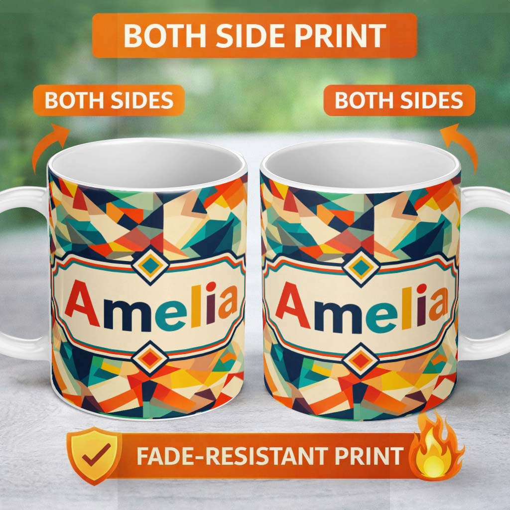 Personalized Custom Name Vibrant Low Poly Abstract Triangles Colorful Seamless Pattern Name 11oz Ceramic Coffee Tea Mug White Large Handle