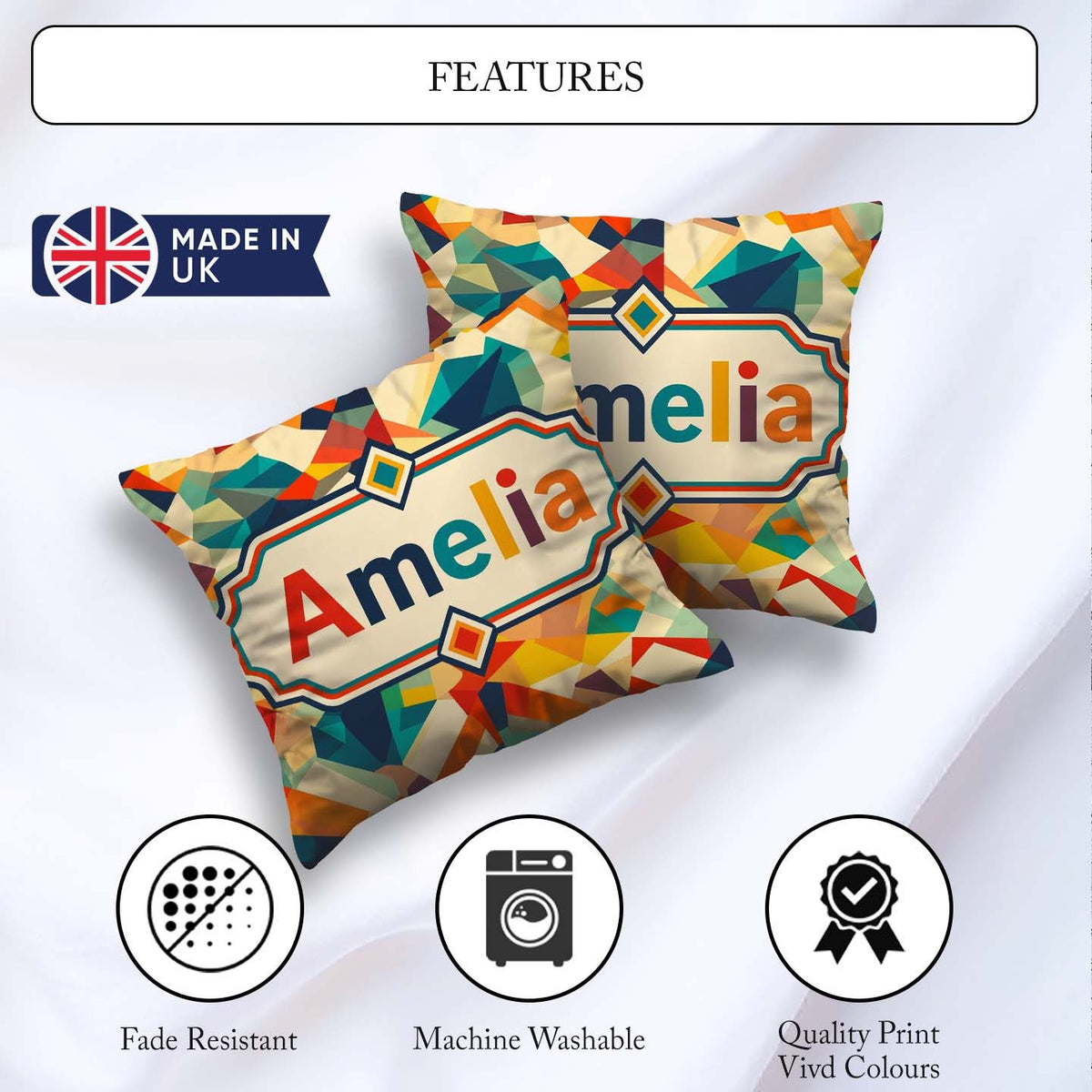 Custom Name Vibrant Low Poly Abstract Triangles Colorful Pattern Square Filled Cushion Throw Pillow Sofa Bed Home Decor Zip Washable UK Made