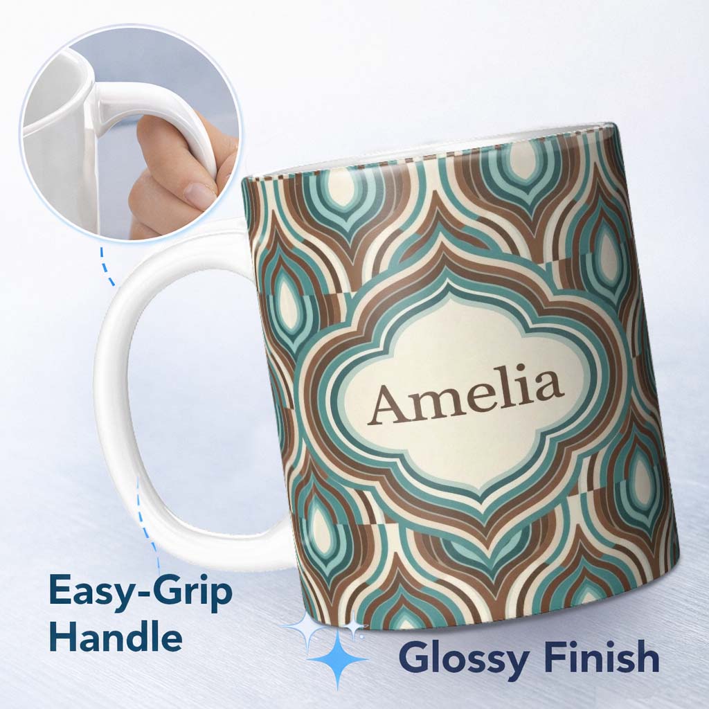 Personalized Custom Name Vintage Teal Brown Geometric Arch Repeat Seamless Pattern Lovely 11oz Ceramic Coffee Tea Mug White Large Handle