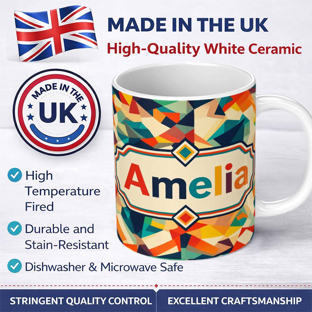 Personalized Custom Name Vibrant Low Poly Abstract Triangles Colorful Seamless Pattern Name 11oz Ceramic Coffee Tea Mug White Large Handle