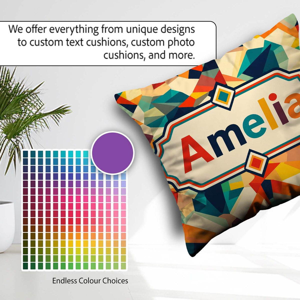 Custom Name Vibrant Low Poly Abstract Triangles Colorful Pattern Square Filled Cushion Throw Pillow Sofa Bed Home Decor Zip Washable UK Made