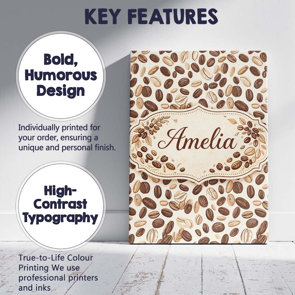 Personalised Name Coffee Beans Minimal Tan Background Seamless Custom Modern Room Accent Canvas Wall Art Print Decor Picture Ready to Hang
