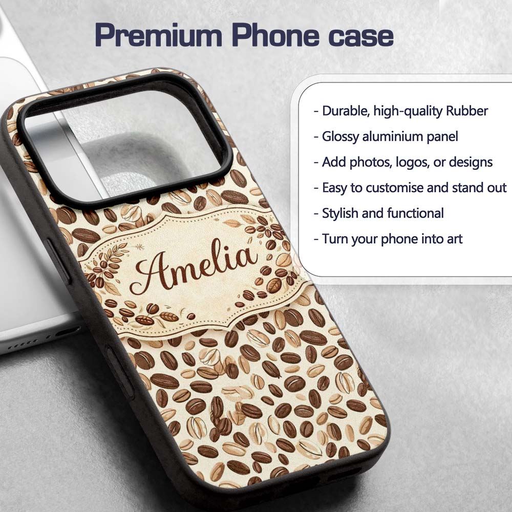 Coffee Beans Minimal Tan Background Seamless Custom Name Protective Phone Case Mobile Cover Durable Everyday Smartphone Shock Resistant