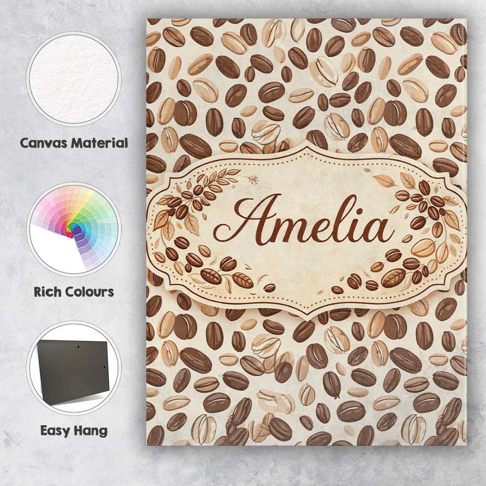 Personalised Name Coffee Beans Minimal Tan Background Seamless Custom Modern Room Accent Canvas Wall Art Print Decor Picture Ready to Hang