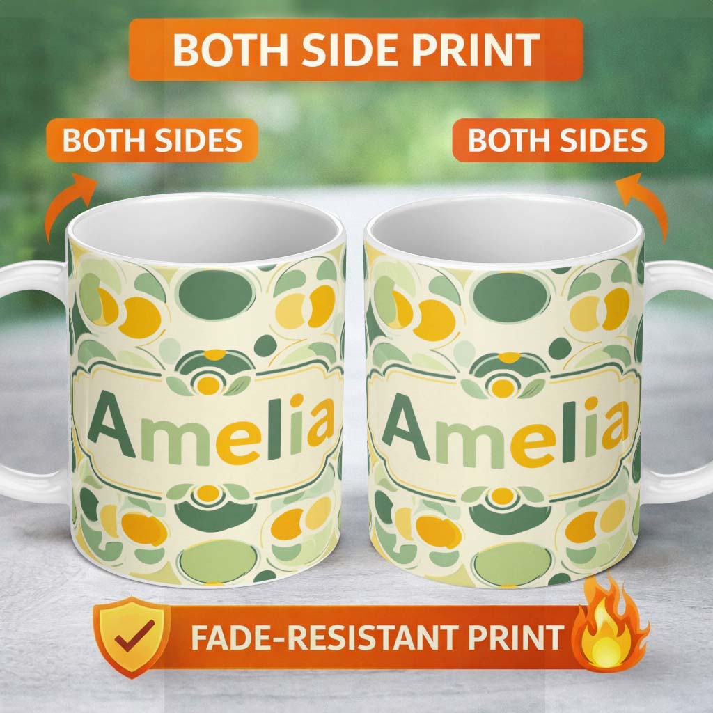 Personalized Custom Name Soft Green Organic Shapes Abstract Botanical Seamless Pattern Name 11oz Ceramic Coffee Tea Mug White Large Handle
