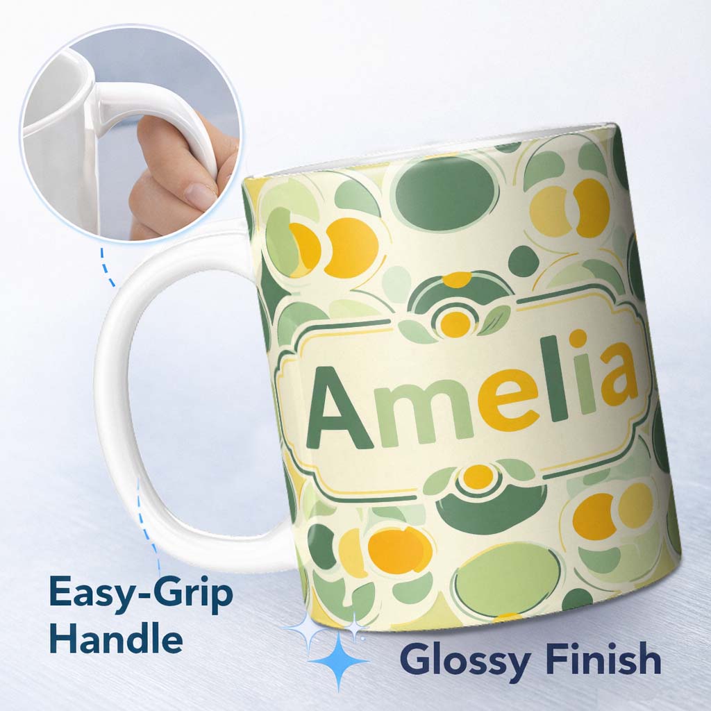 Personalized Custom Name Soft Green Organic Shapes Abstract Botanical Seamless Pattern Name 11oz Ceramic Coffee Tea Mug White Large Handle